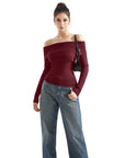 Geripptes, schulterfreies Pullover-Shirt – Langarm