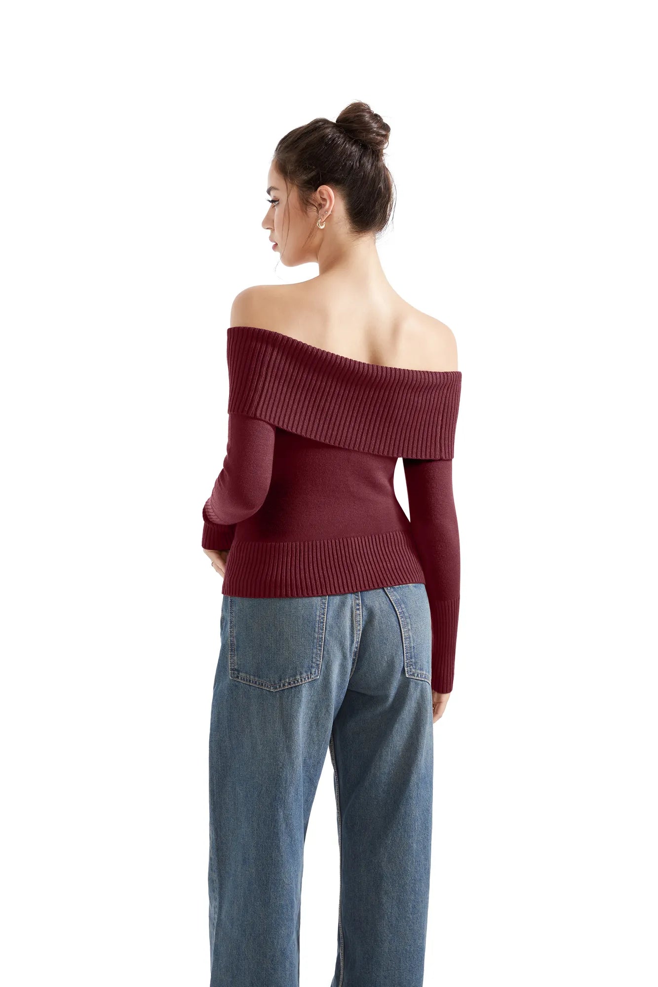 Geripptes, schulterfreies Pullover-Shirt – Langarm