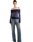 Geripptes, schulterfreies Pullover-Shirt – Langarm