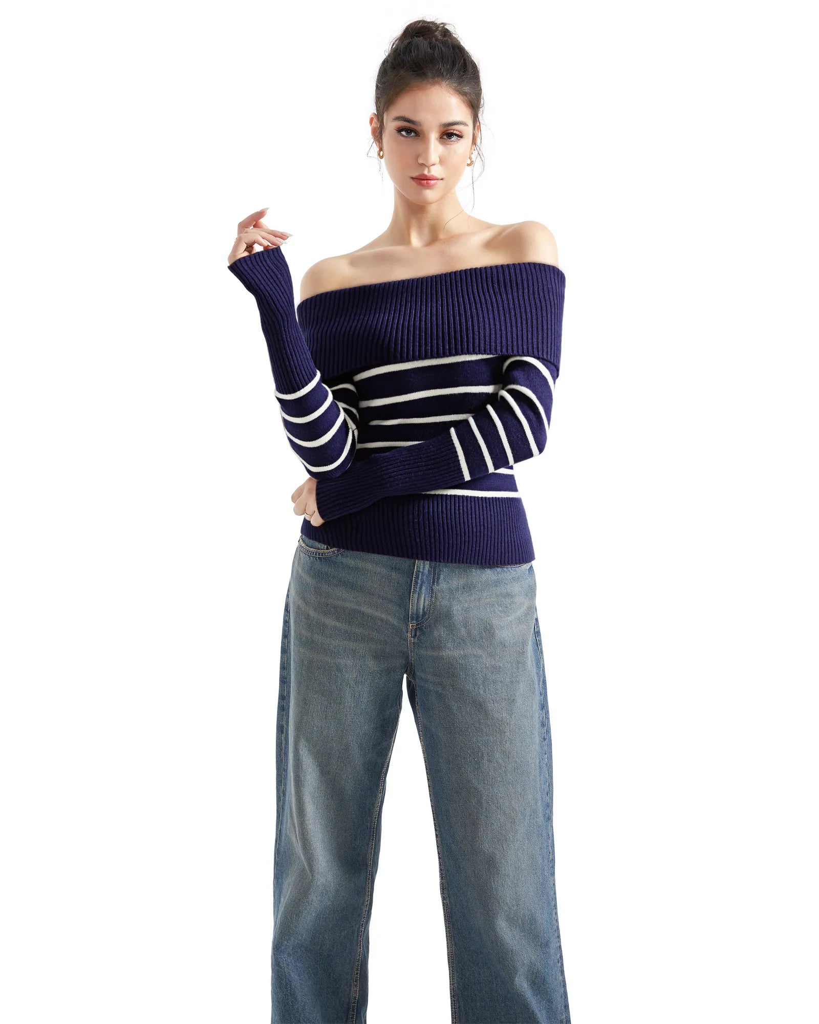 Geripptes, schulterfreies Pullover-Shirt – Langarm