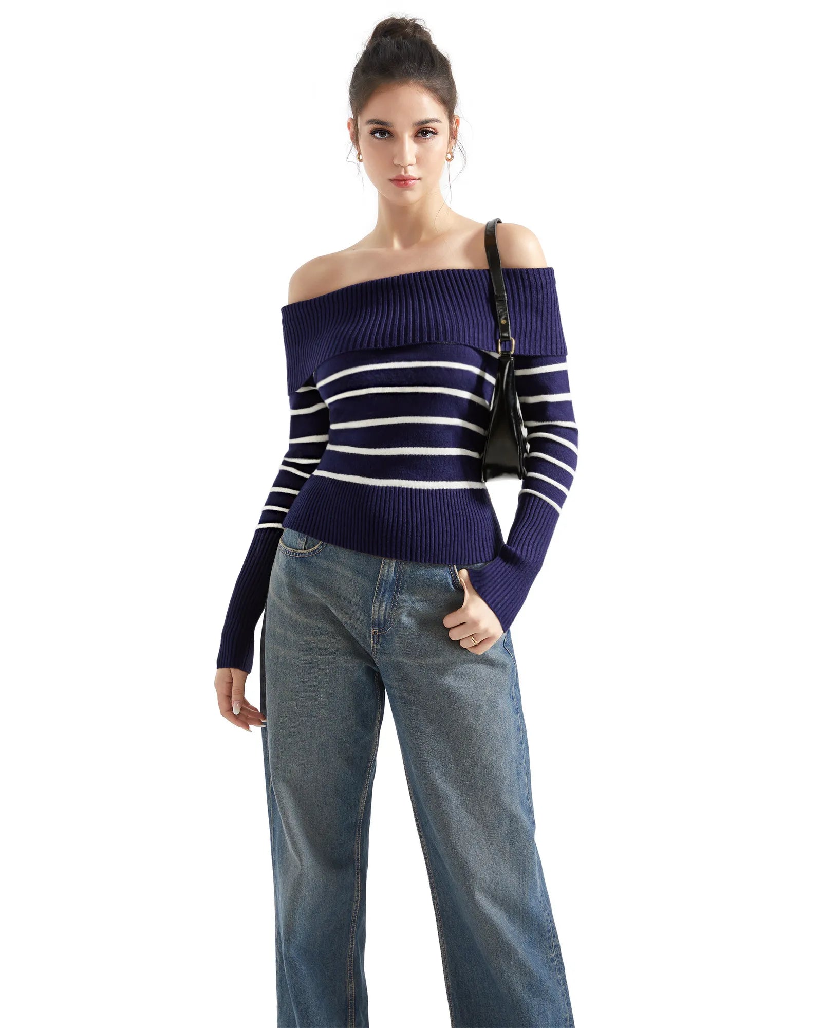 Geripptes, schulterfreies Pullover-Shirt – Langarm
