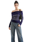 Geripptes, schulterfreies Pullover-Shirt – Langarm
