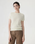 Cashmere Silk Blend Crew Neck Spring Sweater - Short Sleeve-SUUKSESS-Beige-XS-SUUKSESS