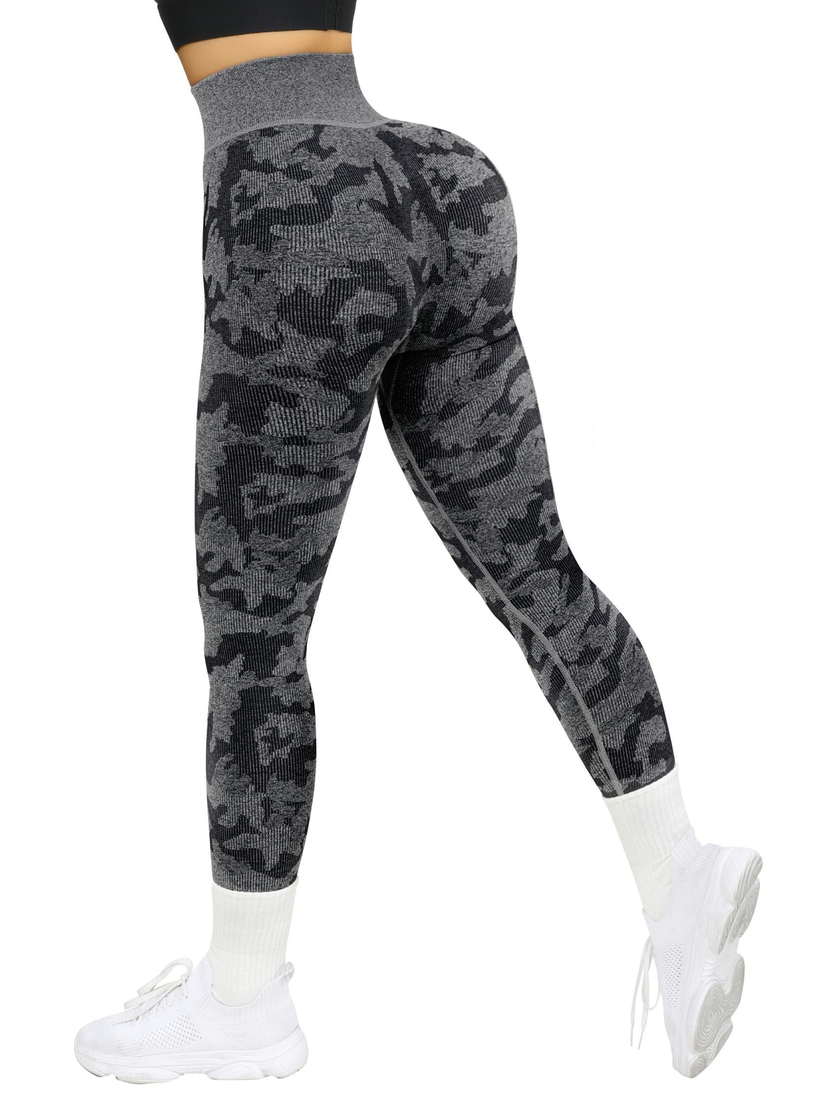 Ribbed Printed Seamless Leggings-Marl Camo Grey-S-Suuksess Women's Leggings