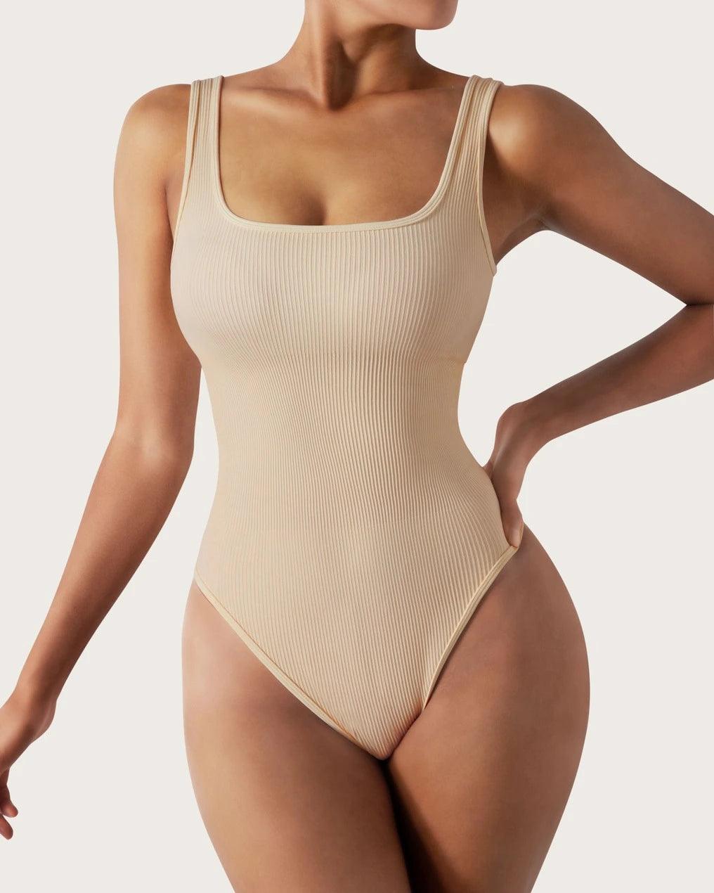  SUUKSESS Sweetheart V Neck Long Sleeve Bodysuit Ribbed Tummy  Control Compression Body Suits (Beige,S) : Clothing, Shoes & Jewelry