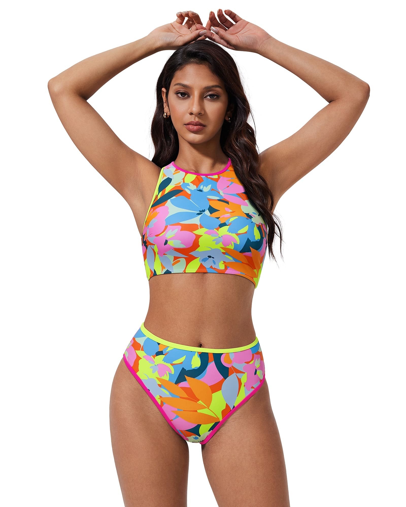 SUUKSESS Women High Waisted Bikini Sets High Neck Sporty Two Piece Swimsuits