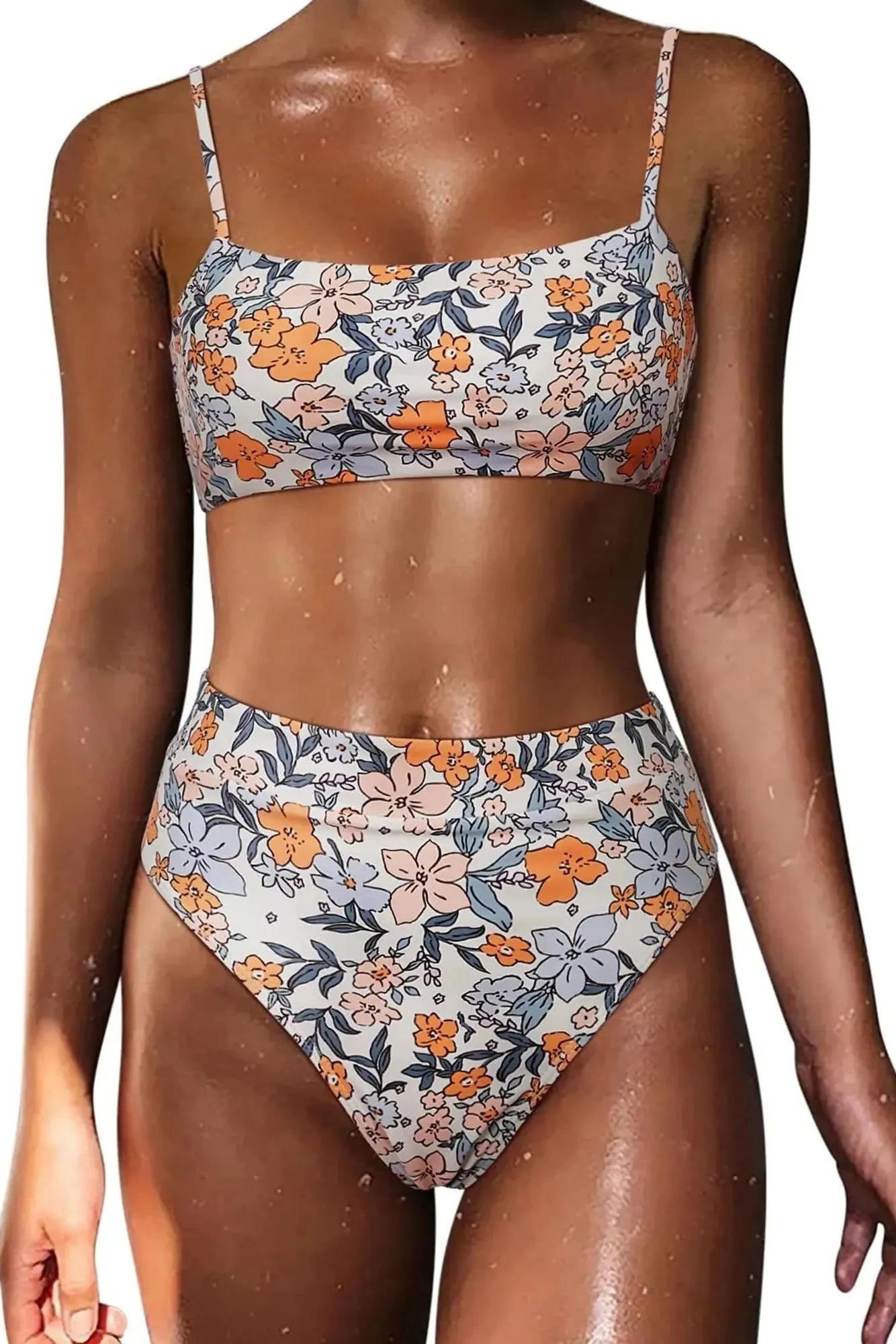 MOSHENGQI Women High Wasited Bikini Shoulder Strap 2 Piece High Cut String Swimsuits-Swimwear-SUUKSESS-Yellow Floral-S-SUUKSESS