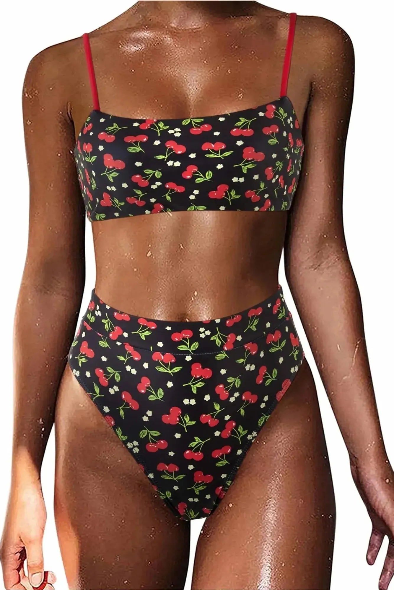 MOSHENGQI Women High Wasited Bikini Shoulder Strap 2 Piece High Cut String Swimsuits-Swimwear-SUUKSESS-Black Cherry-S-SUUKSESS