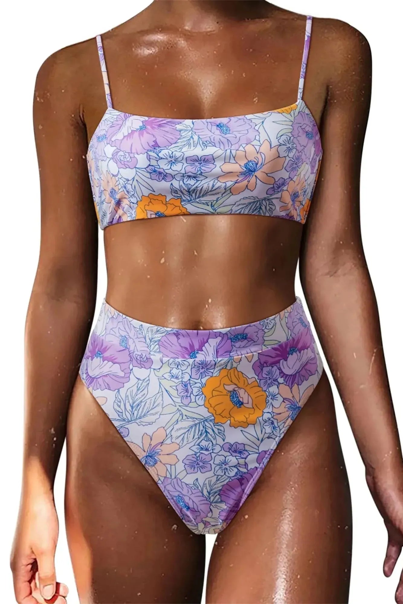 MOSHENGQI Women High Wasited Bikini Shoulder Strap 2 Piece High Cut String Swimsuits-Swimwear-SUUKSESS-Purple Orange Floral-S-SUUKSESS