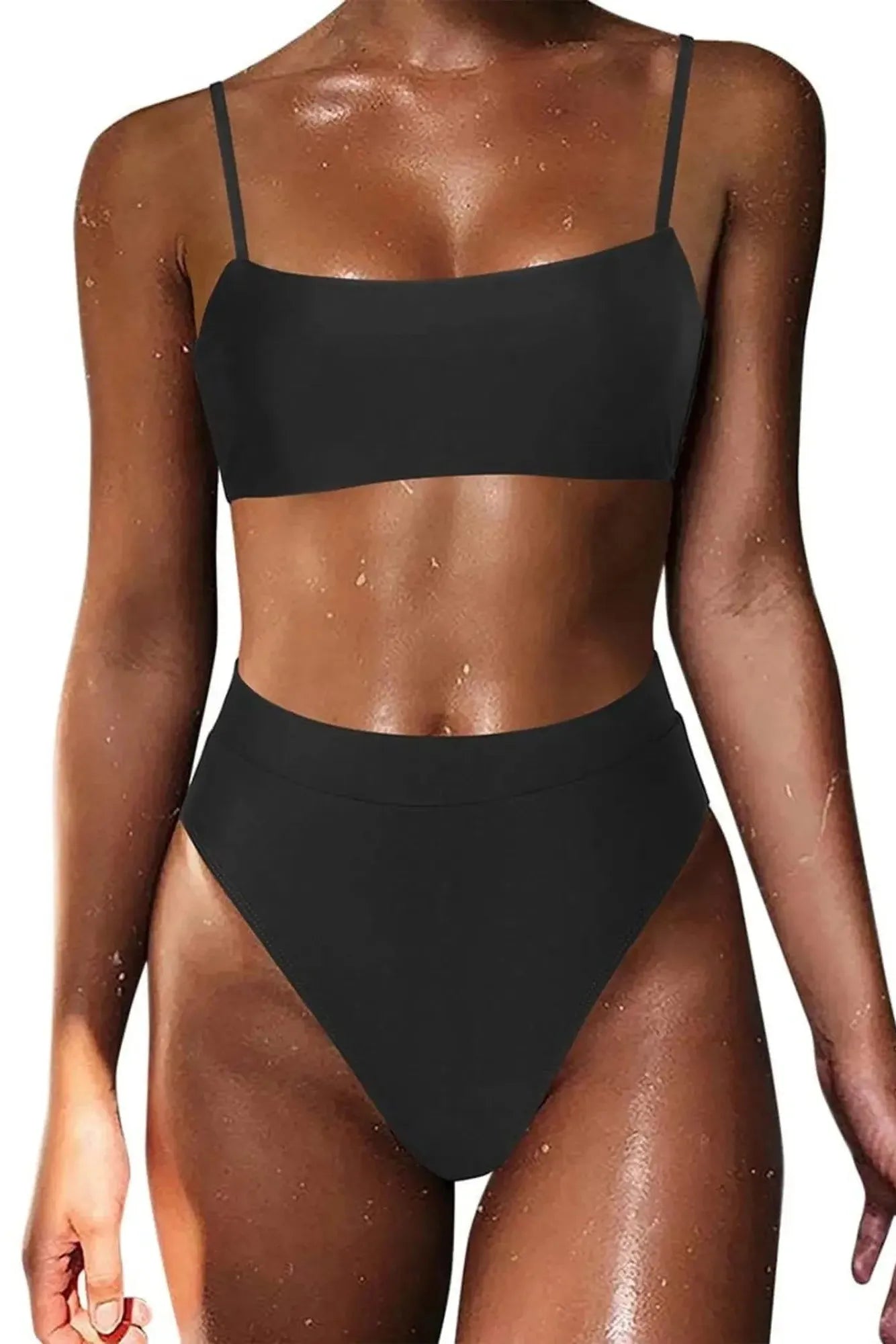 MOSHENGQI Women High Wasited Bikini Shoulder Strap 2 Piece High Cut String Swimsuits-Swimwear-SUUKSESS-Black-S-SUUKSESS