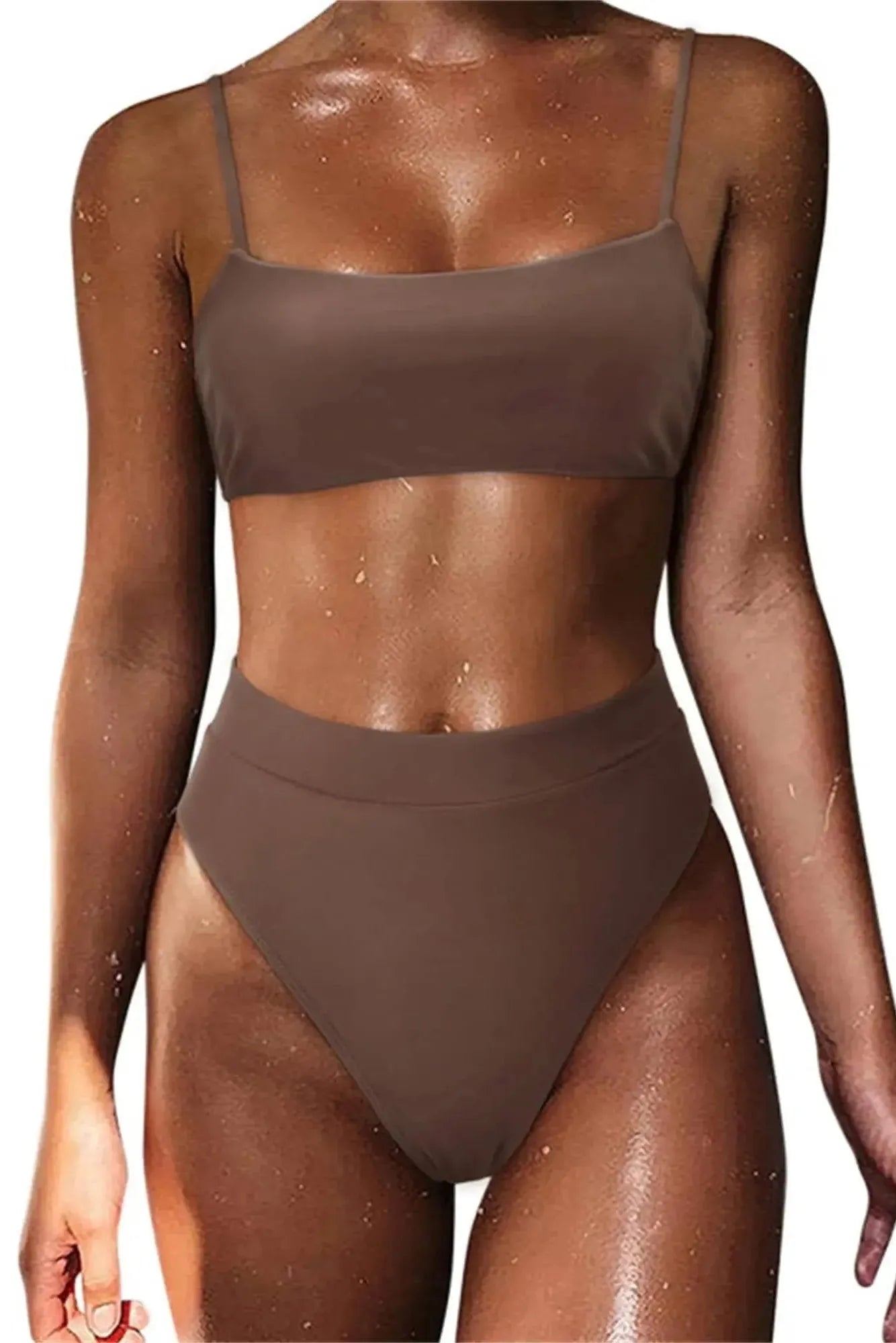 MOSHENGQI Women High Wasited Bikini Shoulder Strap 2 Piece High Cut String Swimsuits-Swimwear-SUUKSESS-Cocoa Brown-S-SUUKSESS