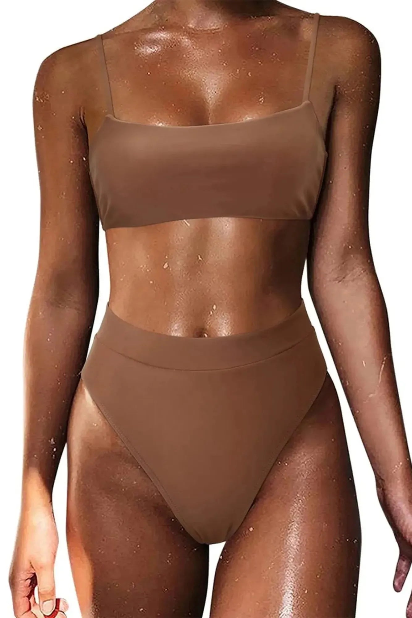 MOSHENGQI Women High Wasited Bikini Shoulder Strap 2 Piece High Cut String Swimsuits-Swimwear-SUUKSESS-Brown-S-SUUKSESS