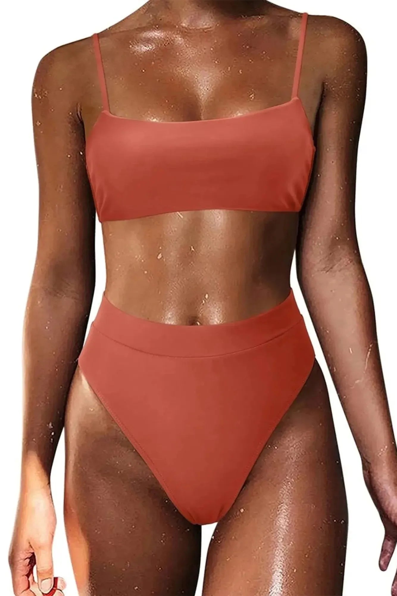 MOSHENGQI Women High Wasited Bikini Shoulder Strap 2 Piece High Cut String Swimsuits-Swimwear-SUUKSESS-Coral Pink-S-SUUKSESS