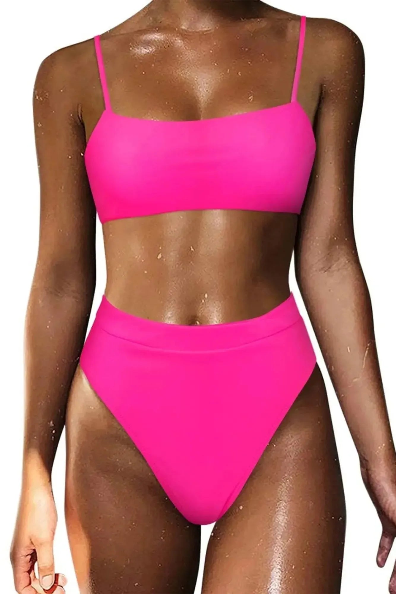 MOSHENGQI Women High Wasited Bikini Shoulder Strap 2 Piece High Cut String Swimsuits-Swimwear-SUUKSESS-Hot Pink-S-SUUKSESS