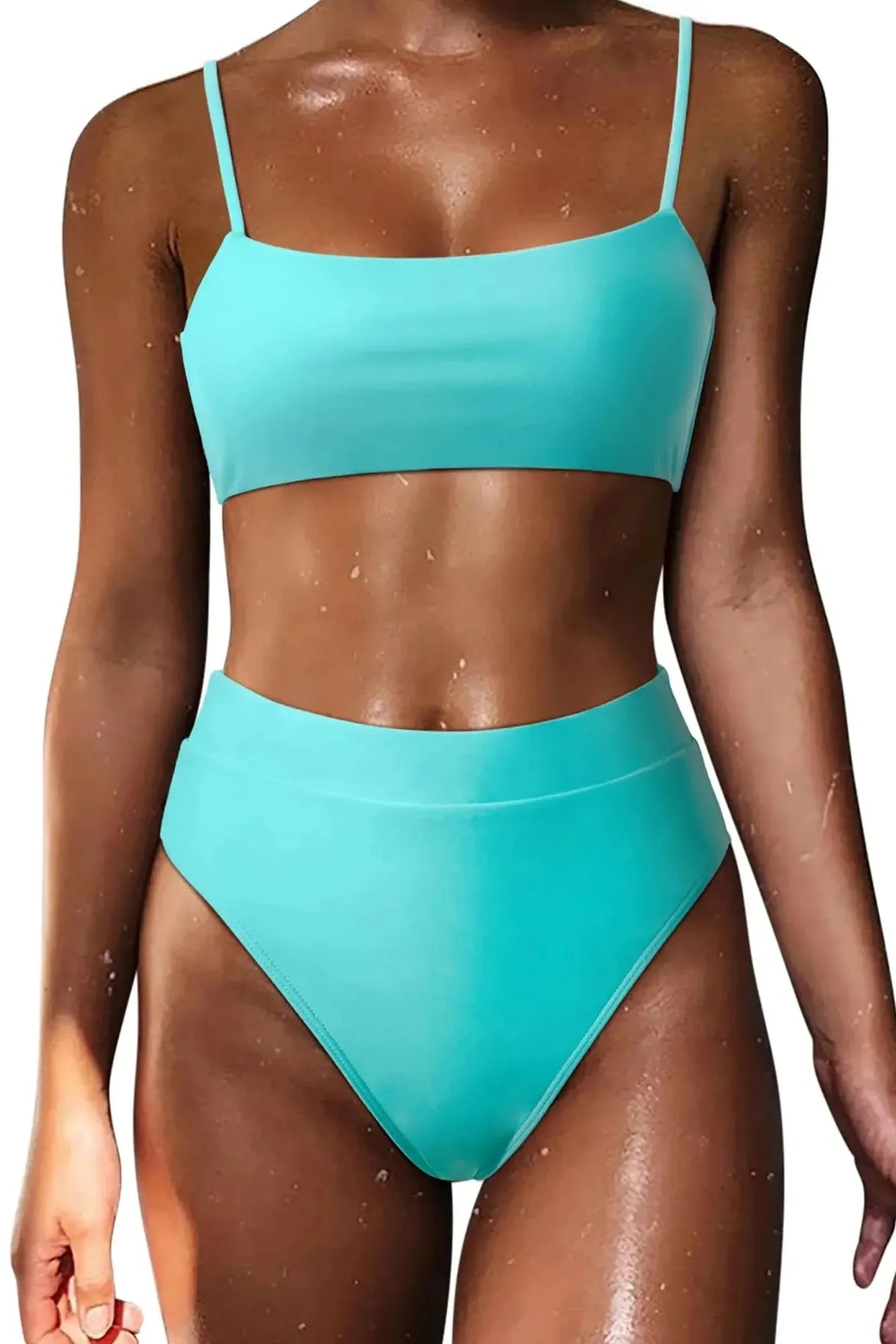 MOSHENGQI Women High Wasited Bikini Shoulder Strap 2 Piece High Cut String Swimsuits-Swimwear-SUUKSESS-Turquoise-S-SUUKSESS