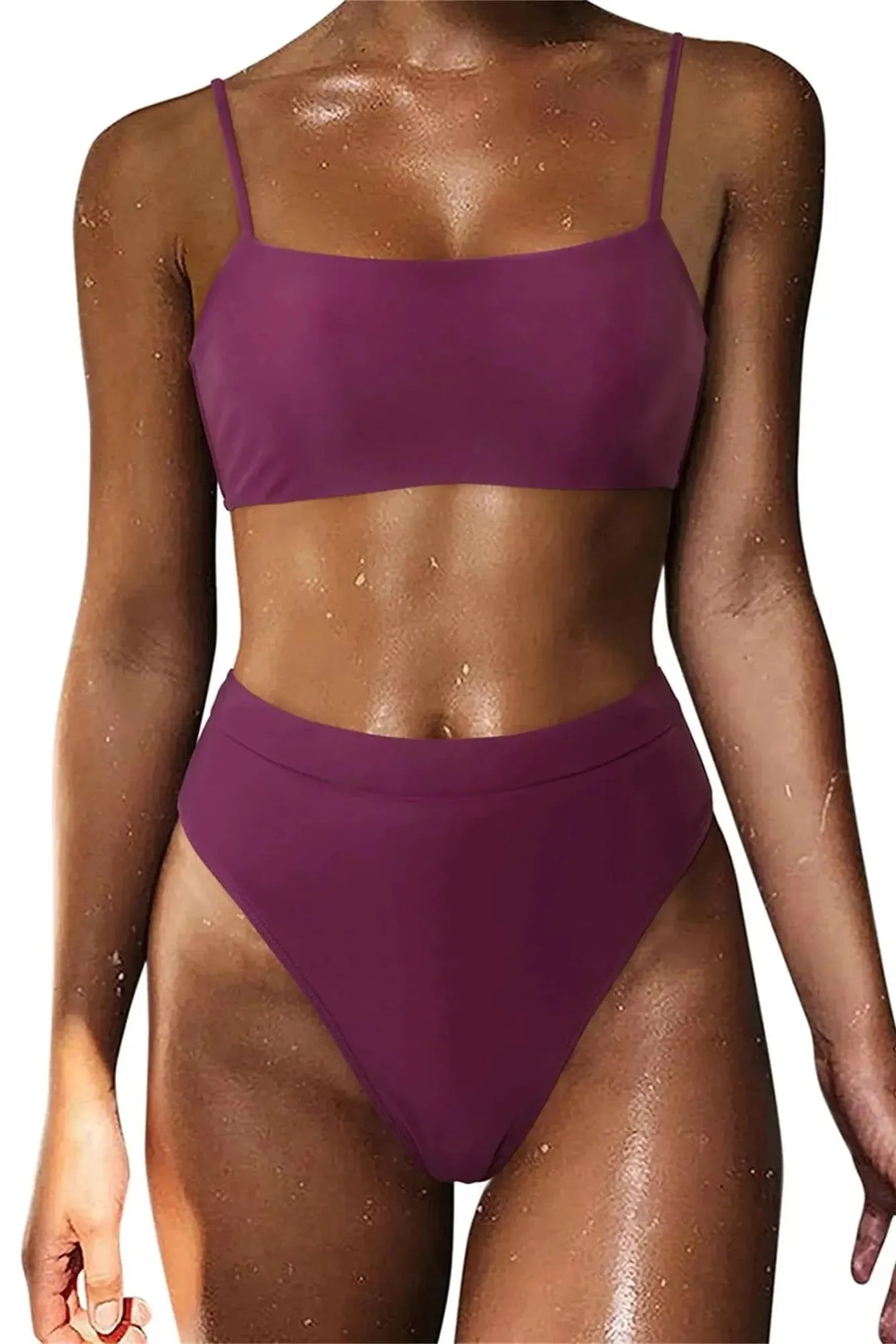 MOSHENGQI Women High Wasited Bikini Shoulder Strap 2 Piece High Cut String Swimsuits-Swimwear-SUUKSESS-Wine Red-S-SUUKSESS