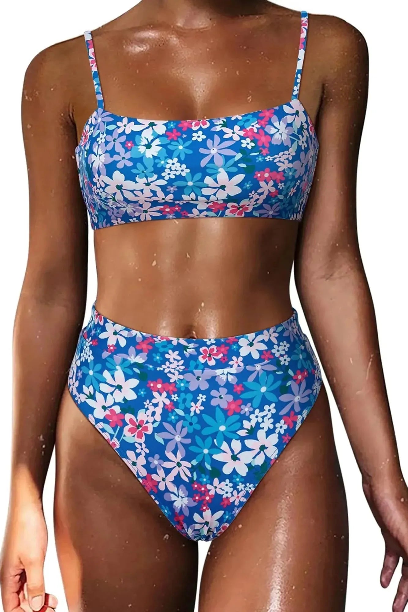 MOSHENGQI Women High Wasited Bikini Shoulder Strap 2 Piece High Cut String Swimsuits-Swimwear-SUUKSESS-Purple Blue Floral-S-SUUKSESS