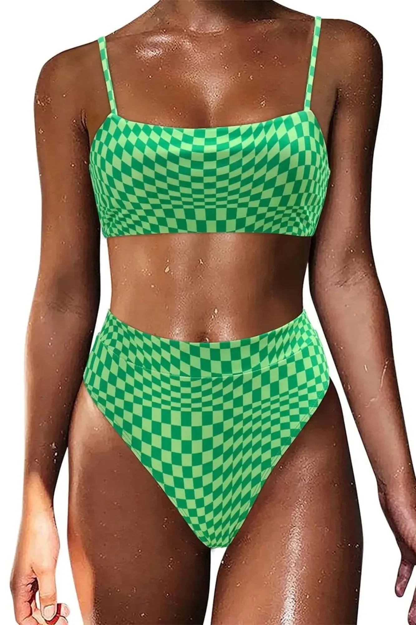 MOSHENGQI Women High Wasited Bikini Shoulder Strap 2 Piece High Cut String Swimsuits-Swimwear-SUUKSESS-Neon Green Gingham-S-SUUKSESS