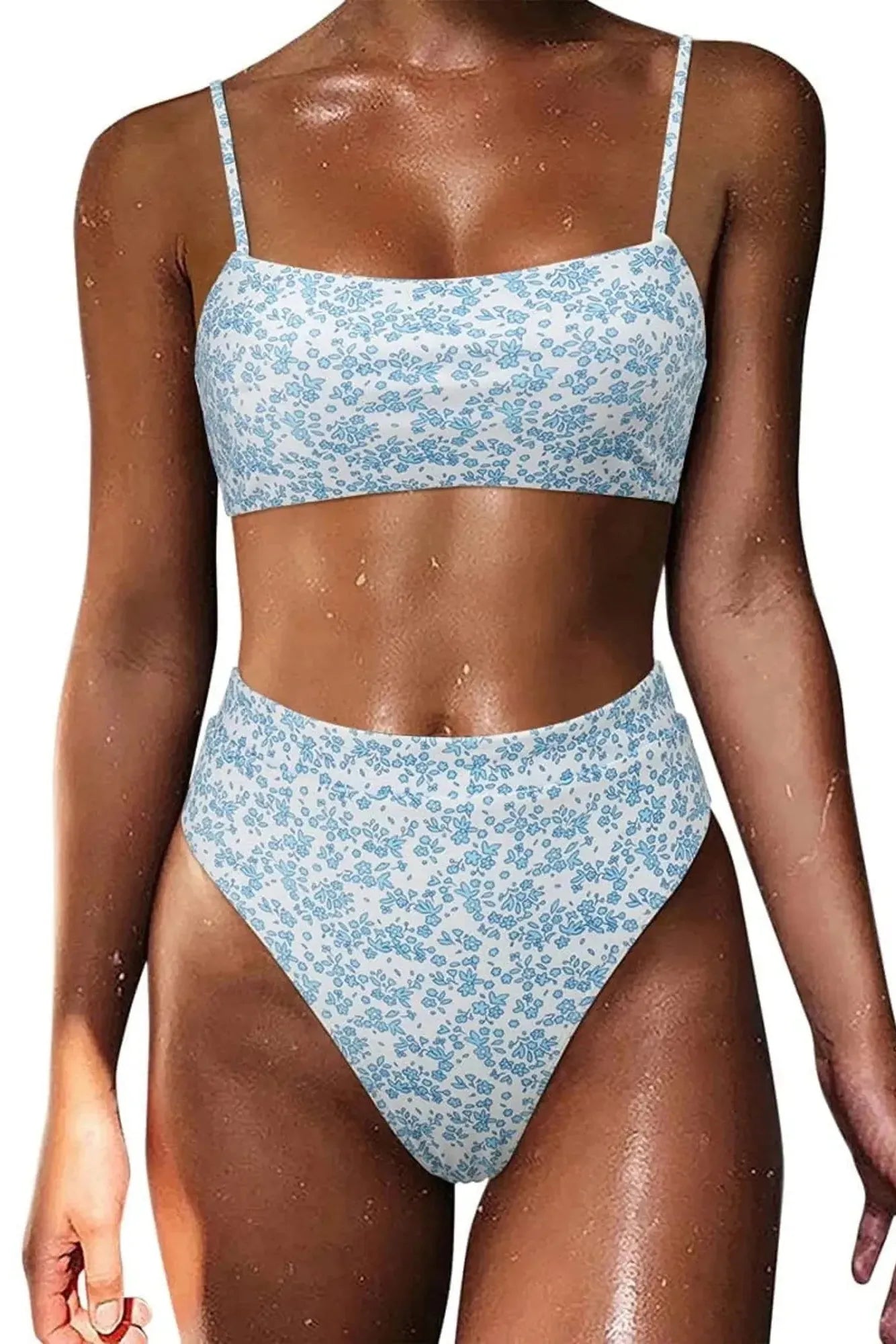 MOSHENGQI Women High Wasited Bikini Shoulder Strap 2 Piece High Cut String Swimsuits-Swimwear-SUUKSESS-Blue Ditsy Floral-S-SUUKSESS
