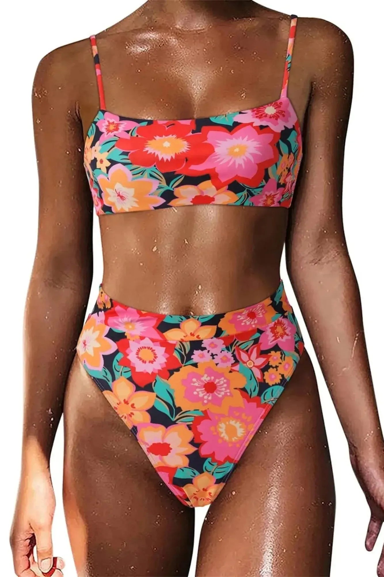 MOSHENGQI Women High Wasited Bikini Shoulder Strap 2 Piece High Cut String Swimsuits-Swimwear-SUUKSESS-Retro Colorful Floral-S-SUUKSESS