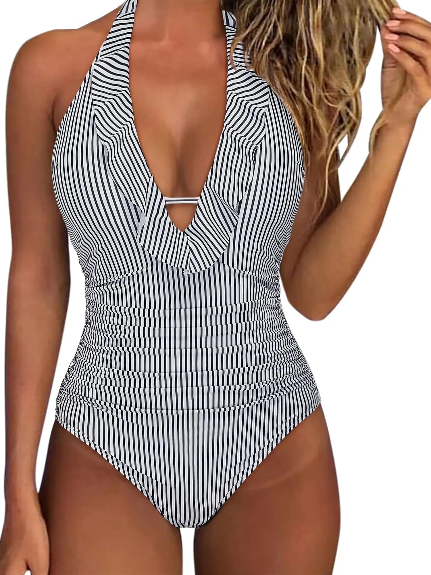Ruffle Tummy Sexy Halter One Piece Swimsuits-SUUKSESS-White Black Stripe-S-SUUKSESS