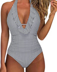 Ruffle Tummy Sexy Halter One Piece Swimsuits-SUUKSESS-White Black Stripe-S-SUUKSESS