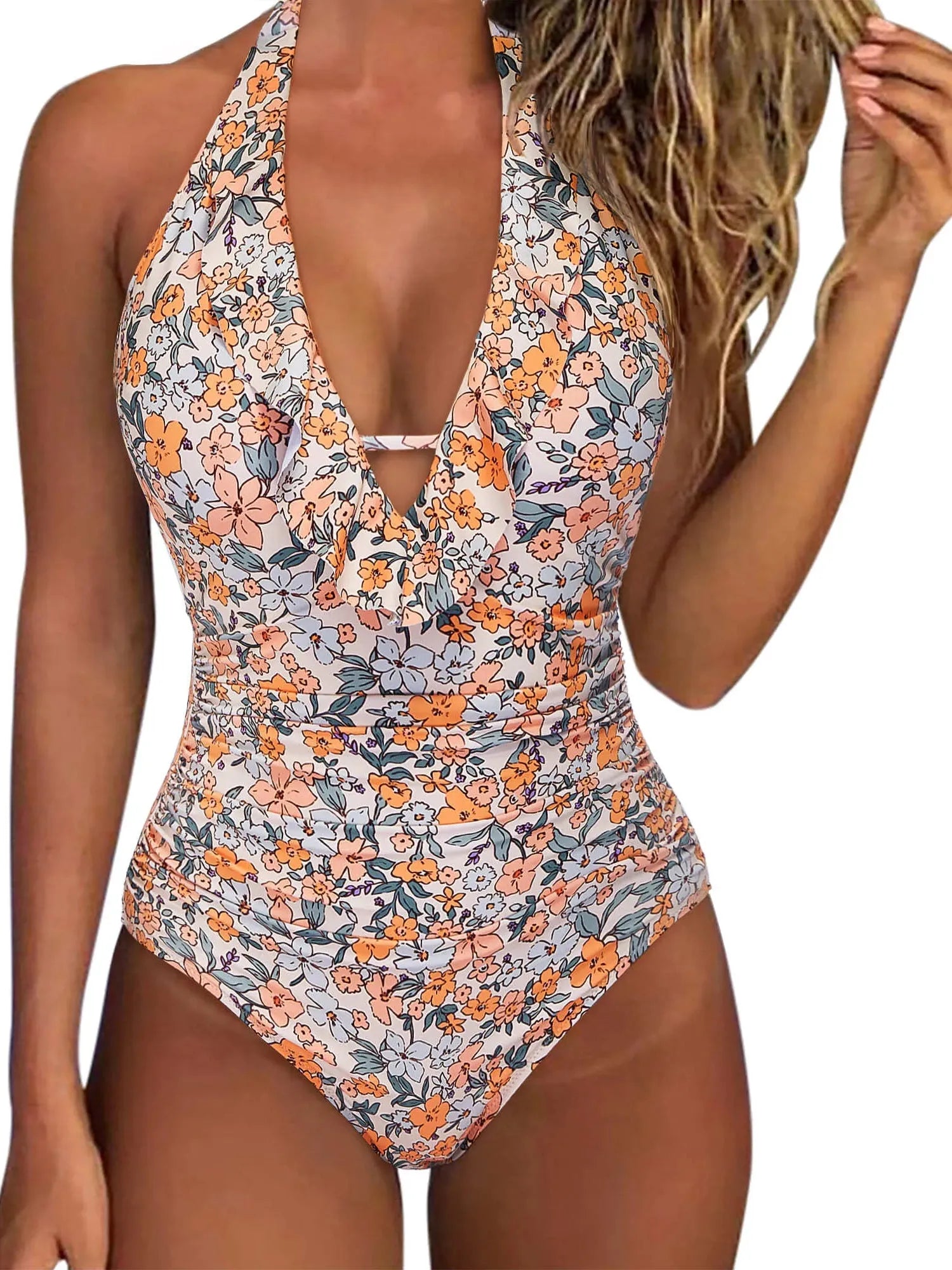 Ruffle Tummy Sexy Halter One Piece Swimsuits-SUUKSESS-Yellow Floral-S-SUUKSESS
