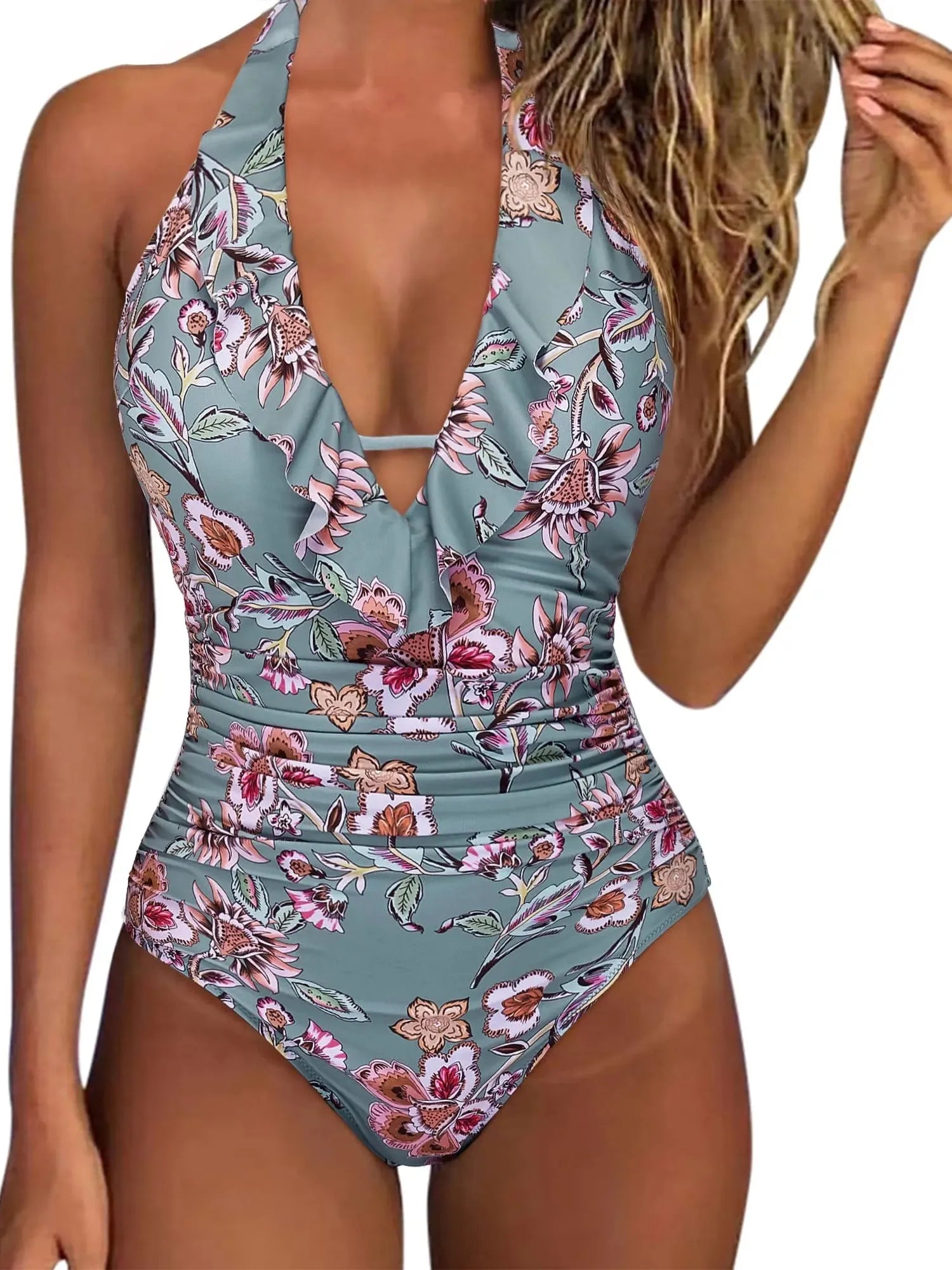 Ruffle Tummy Sexy Halter One Piece Swimsuits-SUUKSESS-SUUKSESS