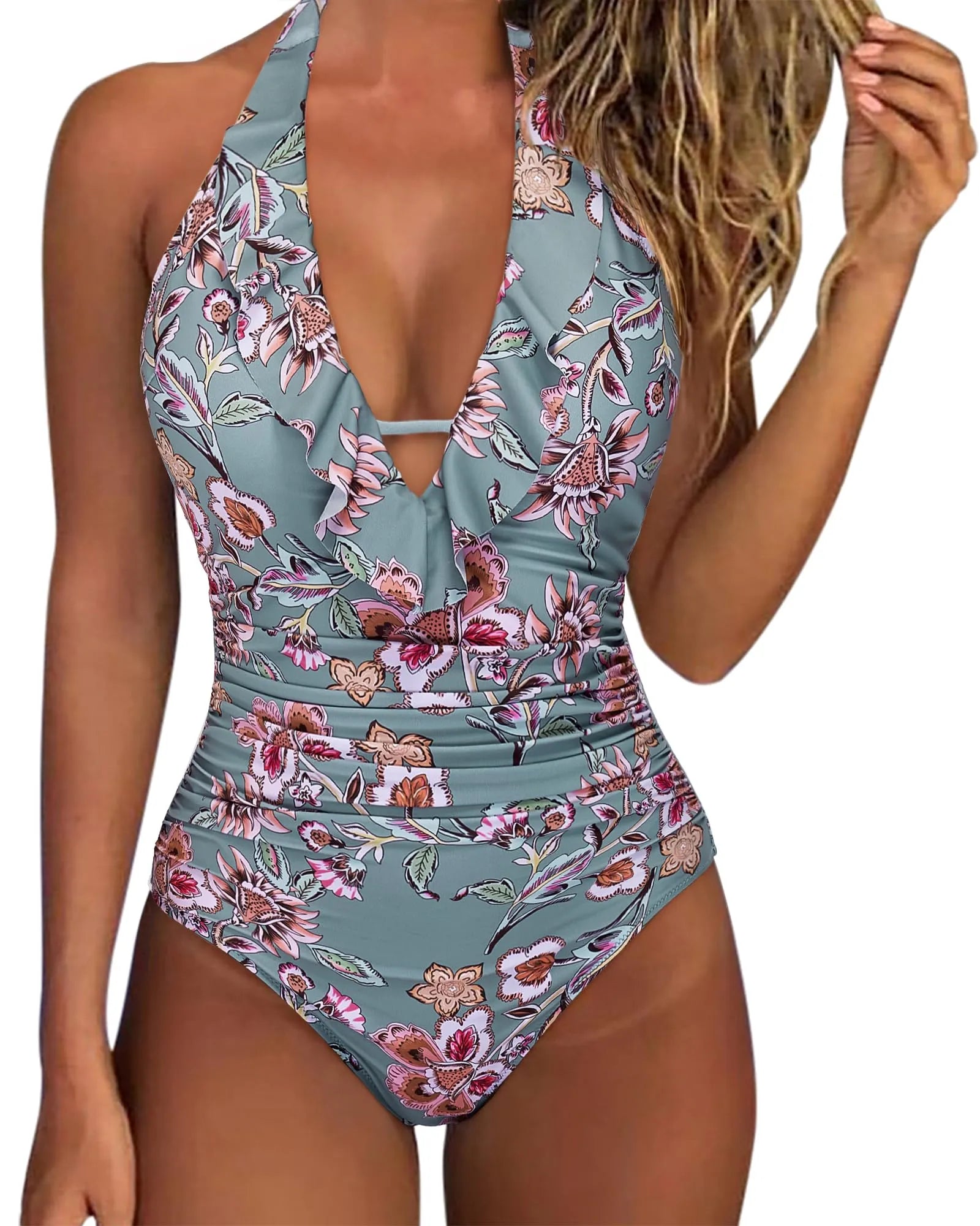 Ruffle Tummy Sexy Halter One Piece Swimsuits