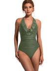 Ruffle Tummy Sexy Halter One Piece Swimsuits-SUUKSESS-Olive-S-SUUKSESS