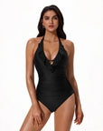 Ruffle Tummy Sexy Halter One Piece Swimsuits-SUUKSESS-Black-S-SUUKSESS
