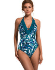 Ruffle Tummy Sexy Halter One Piece Swimsuits-SUUKSESS-Blue Floral-S-SUUKSESS
