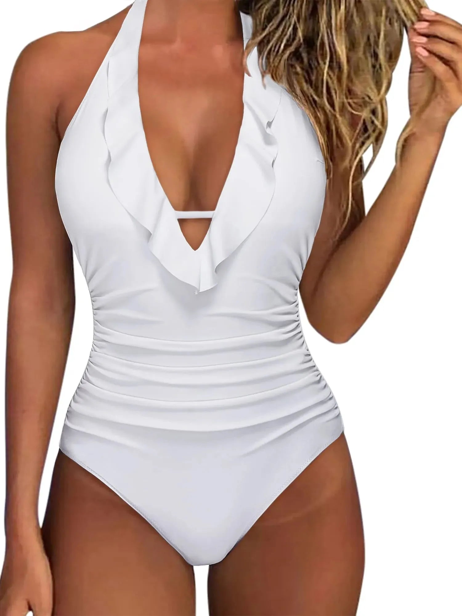 Ruffle Tummy Sexy Halter One Piece Swimsuits-SUUKSESS-White-S-SUUKSESS