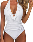 Ruffle Tummy Sexy Halter One Piece Swimsuits-SUUKSESS-White-S-SUUKSESS