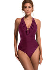 Ruffle Tummy Sexy Halter One Piece Swimsuits-SUUKSESS-Wine-S-SUUKSESS
