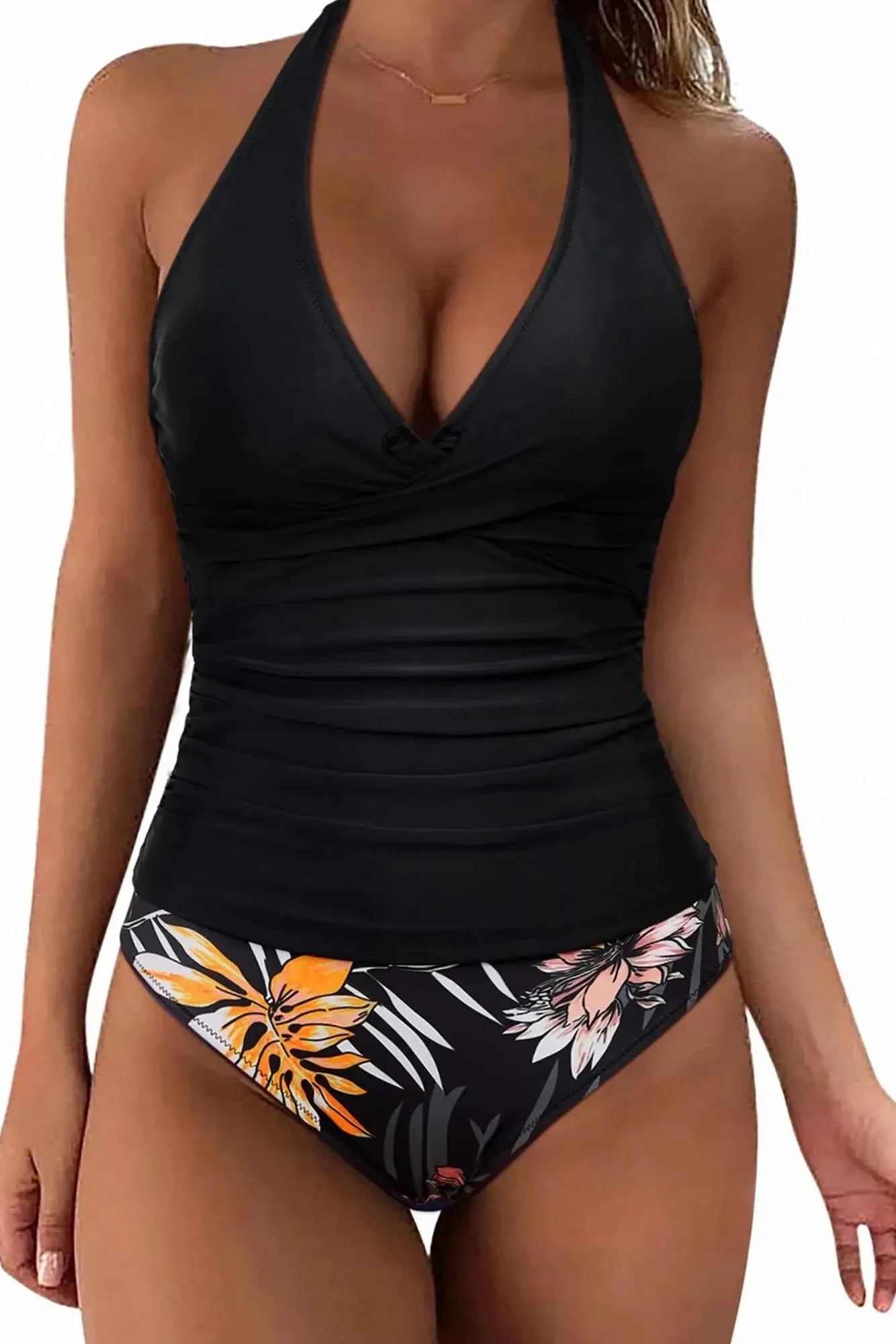SUUKSESS Women Sexy Halter Tankini Bathing Suit Slimming Tummy Control Swimsuit-SUUKSESS-Retro Black Floral-S-SUUKSESS