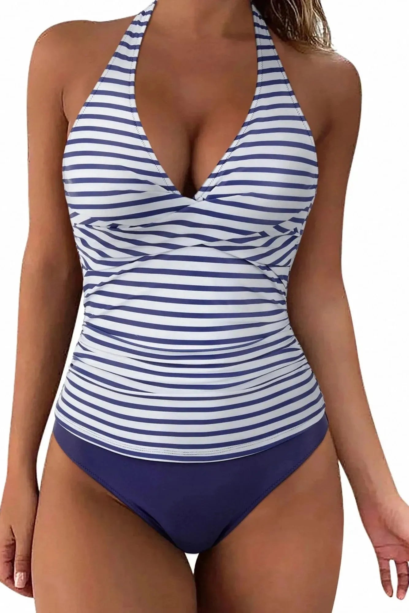 SUUKSESS Women Sexy Halter Tankini Bathing Suit Slimming Tummy Control Swimsuit-SUUKSESS-White Blue Striped-S-SUUKSESS