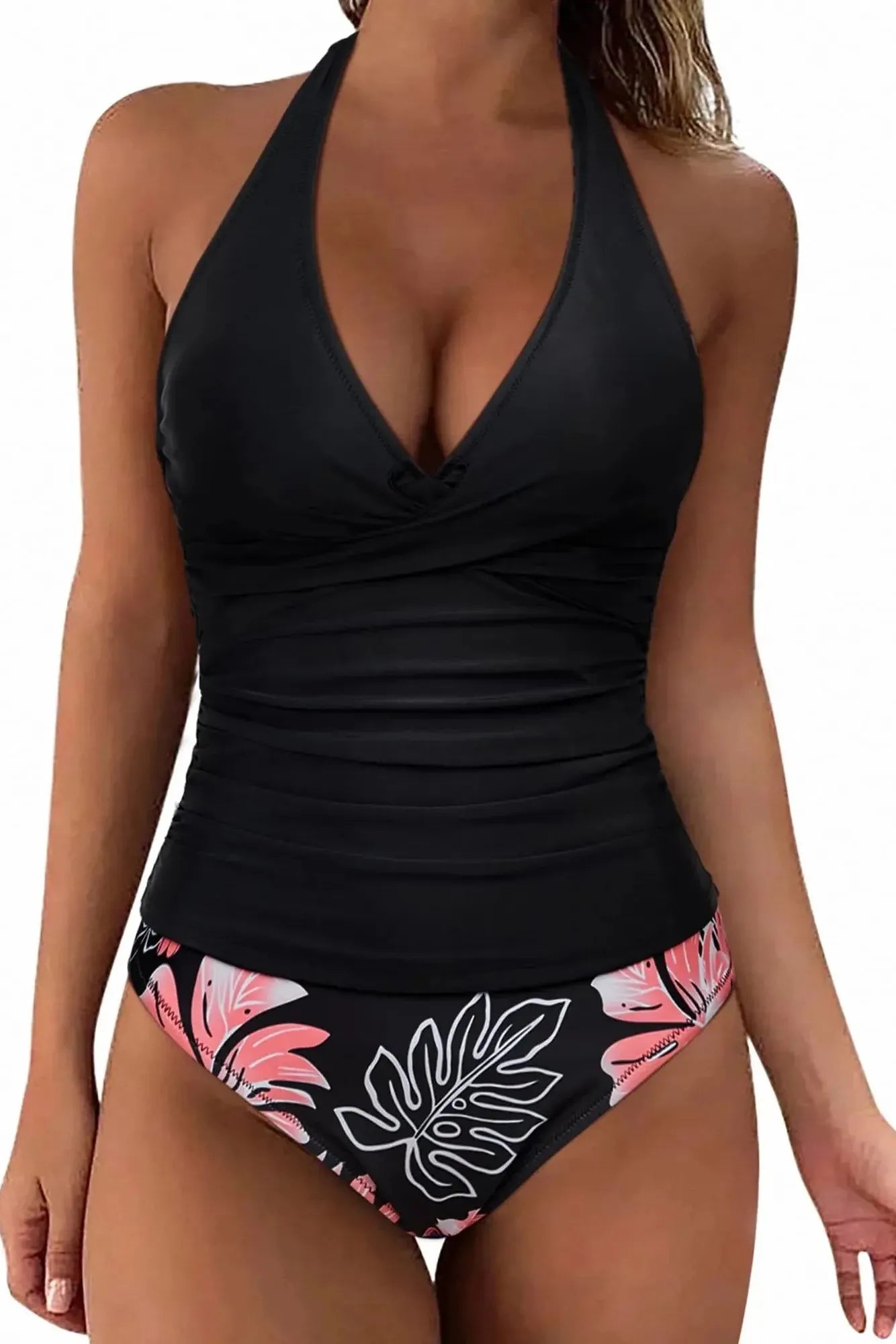 SUUKSESS Women Sexy Halter Tankini Bathing Suit Slimming Tummy Control Swimsuit-SUUKSESS-Vintage Floral Black-S-SUUKSESS