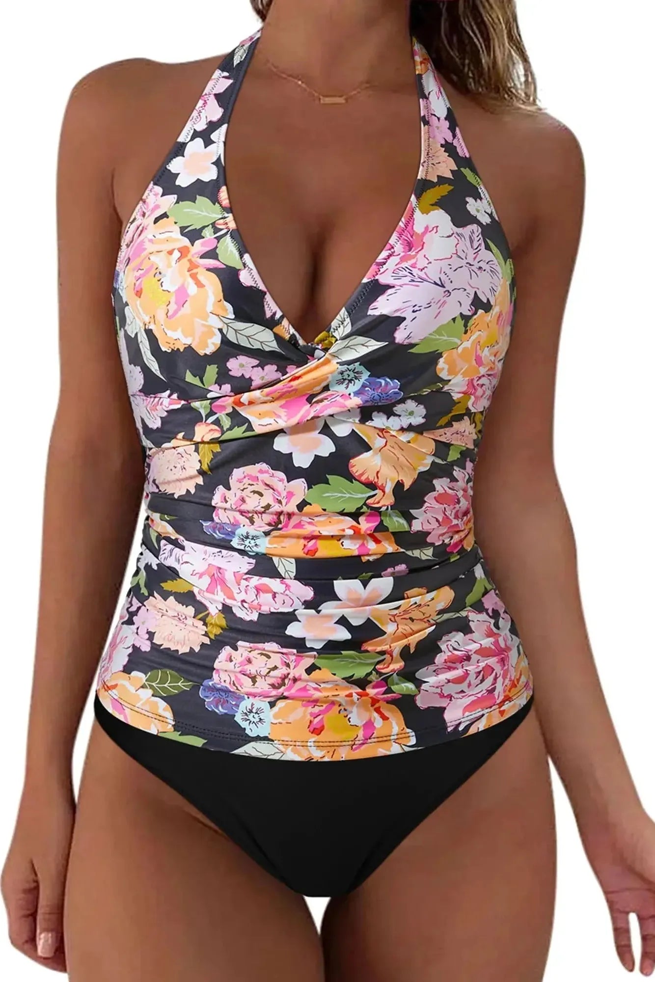 SUUKSESS Women Sexy Halter Tankini Bathing Suit Slimming Tummy Control Swimsuit-SUUKSESS-Colorful Floral Black-S-SUUKSESS