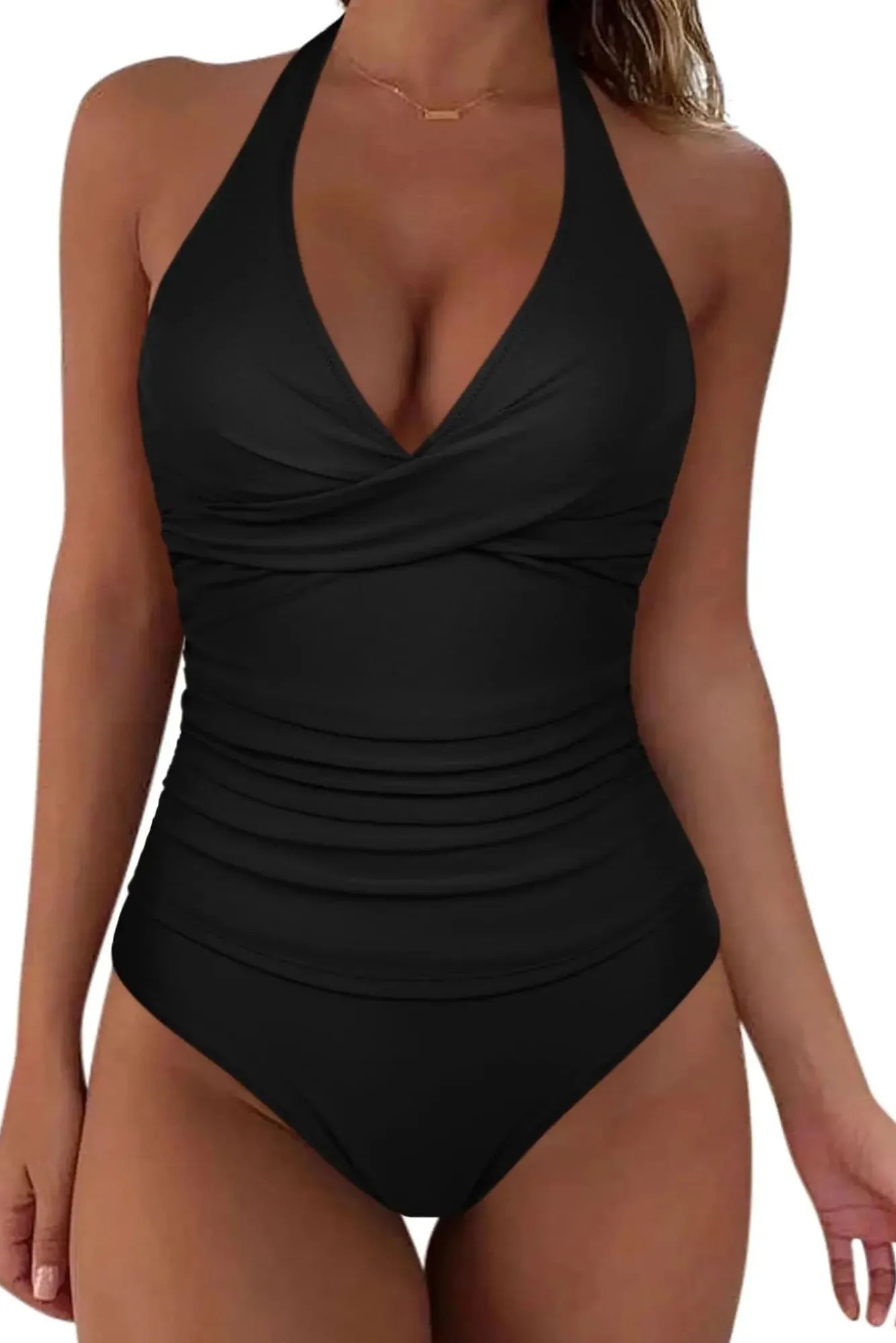 SUUKSESS Women Sexy Halter Tankini Bathing Suit Slimming Tummy Control Swimsuit-SUUKSESS-Black-S-SUUKSESS