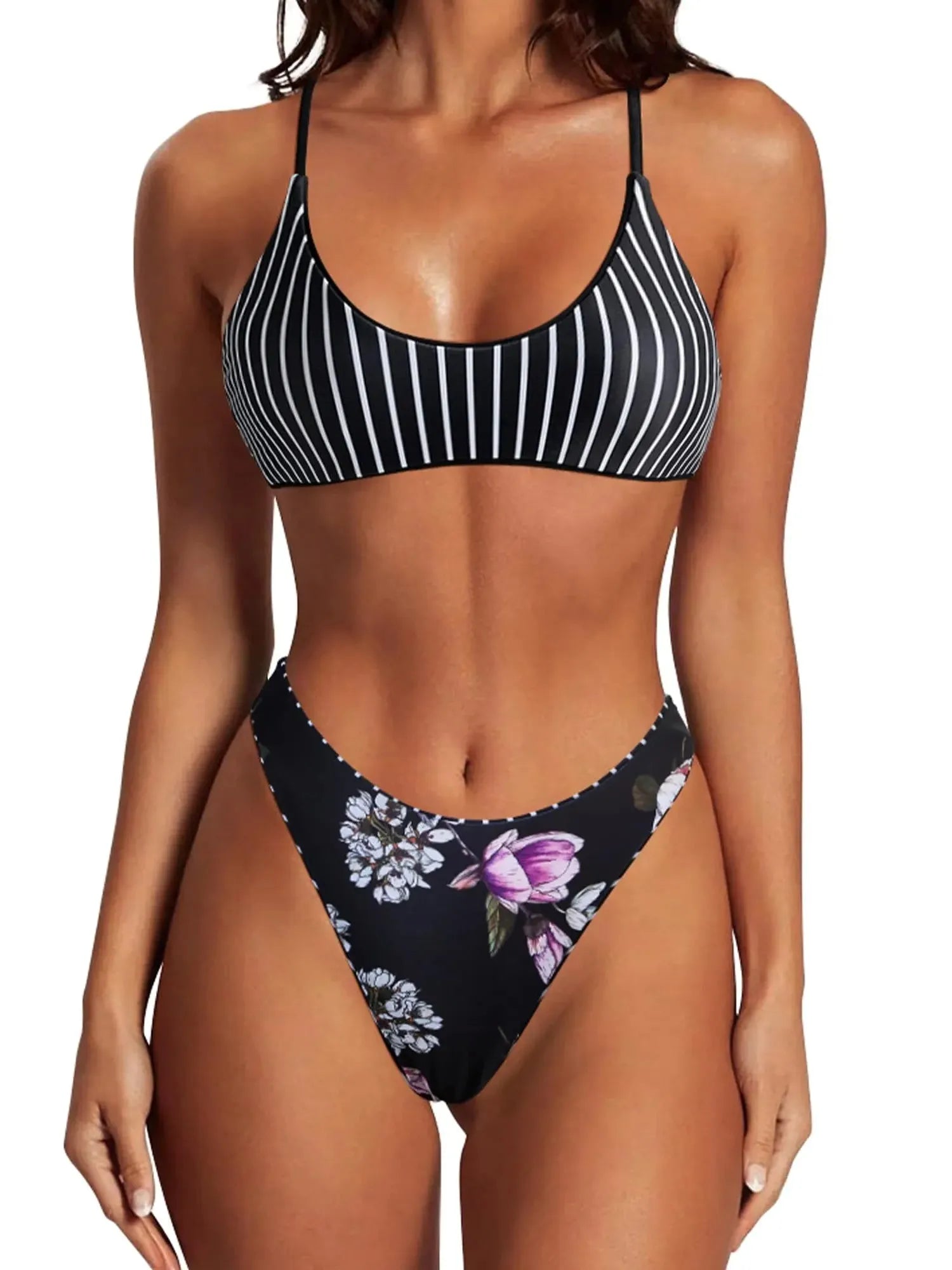 Reversible String Waisted Thong Bikini Set-SUUKSESS-Black Floral White Striped-S-SUUKSESS
