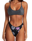 Reversible String Waisted Thong Bikini Set-SUUKSESS-Black Floral White Striped-S-SUUKSESS