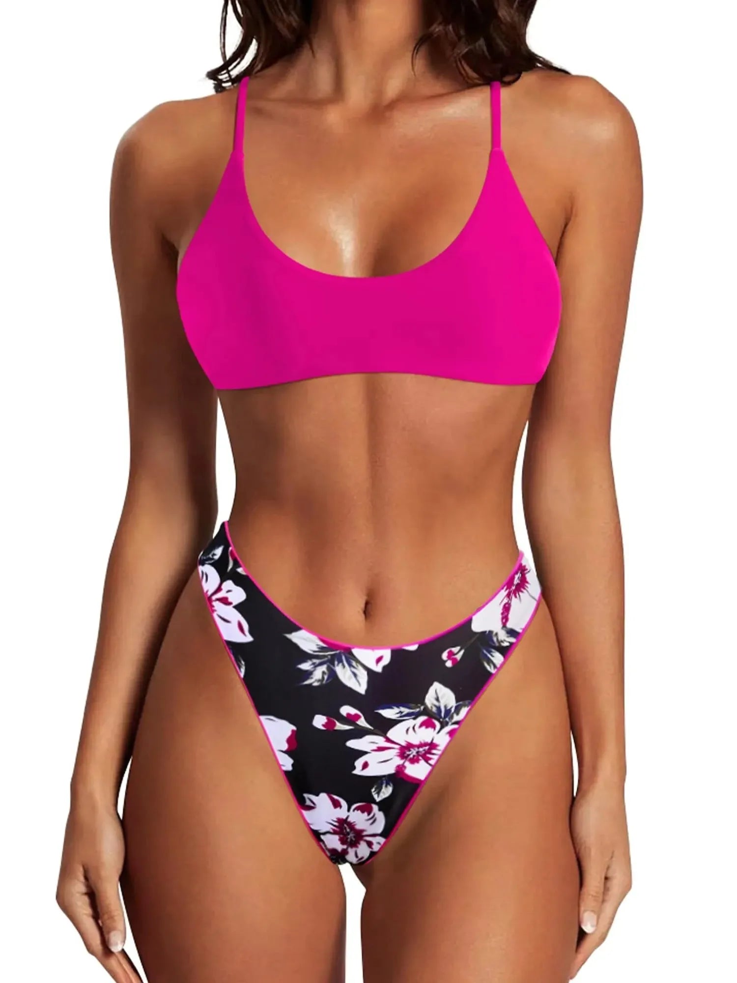 Reversible String Waisted Thong Bikini Set-SUUKSESS-Pink Black Floral-S-SUUKSESS