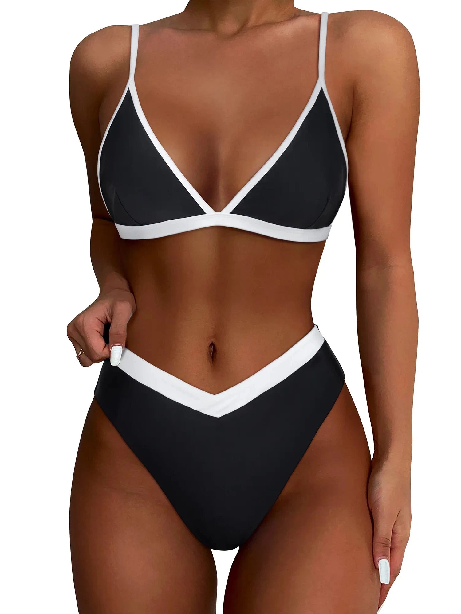 Triangle Bikini High-Waisted Swimsuit Sets-Swimwear-SUUKSESS-Black White-S-SUUKSESS