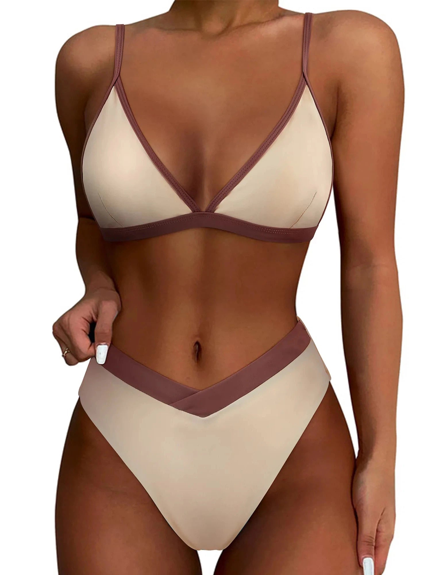 Triangle Bikini High-Waisted Swimsuit Sets-Swimwear-SUUKSESS-Beige Brown-S-SUUKSESS