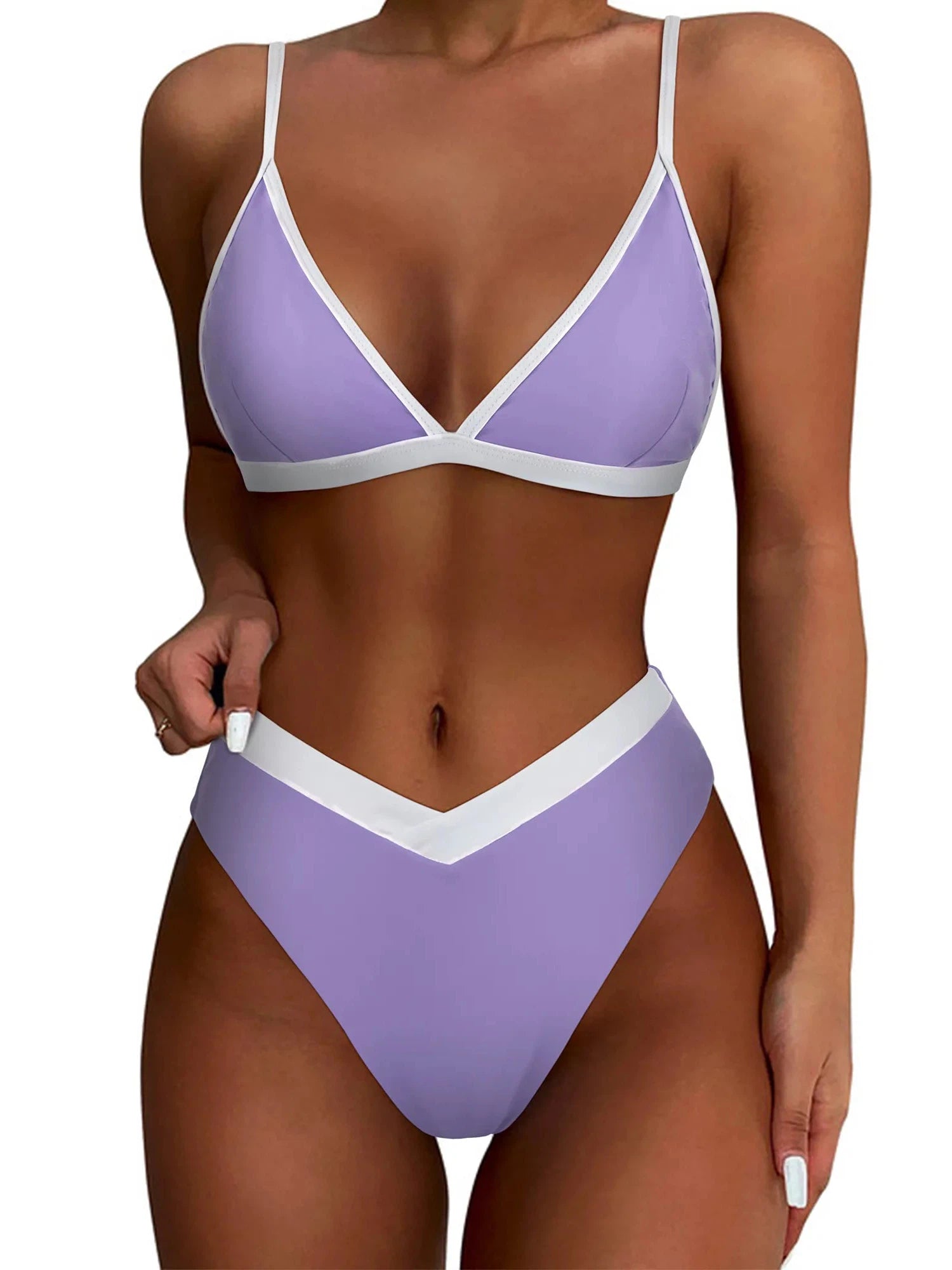 Triangle Bikini High-Waisted Swimsuit Sets-Swimwear-SUUKSESS-Purple White-S-SUUKSESS