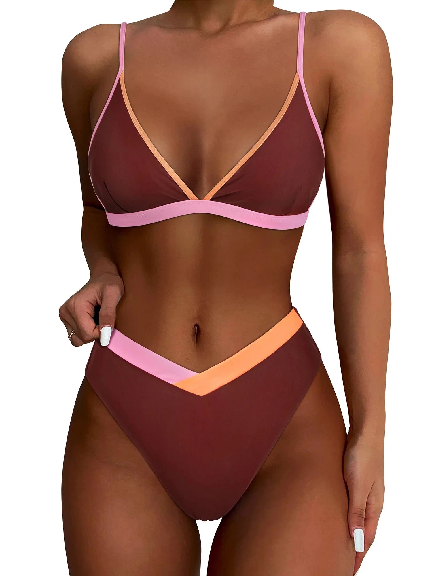 Triangle Bikini High-Waisted Swimsuit Sets-Swimwear-SUUKSESS-Brown Color Block-S-SUUKSESS