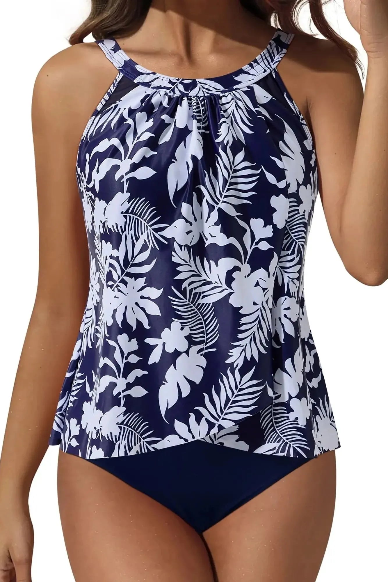 SUUKSESS Women Tummy Control Tankini Bathing Suit Ruffle High Waisted Swimsuit-Swimwear-SUUKSESS-Navy Blue Floral-S-SUUKSESS