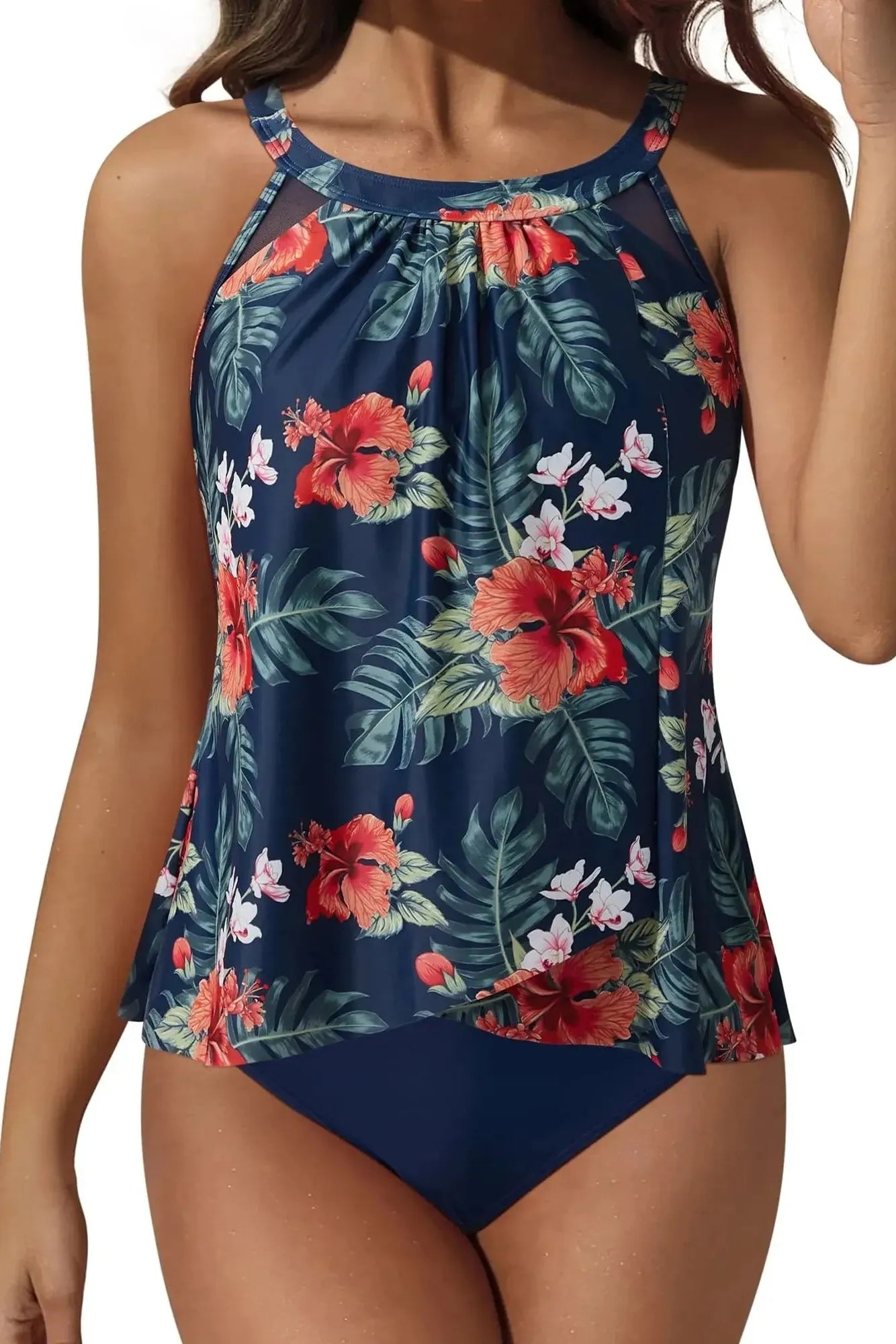 SUUKSESS Women Tummy Control Tankini Bathing Suit Ruffle High Waisted Swimsuit-Swimwear-SUUKSESS-Tropical Floral Navy Blue-S-SUUKSESS