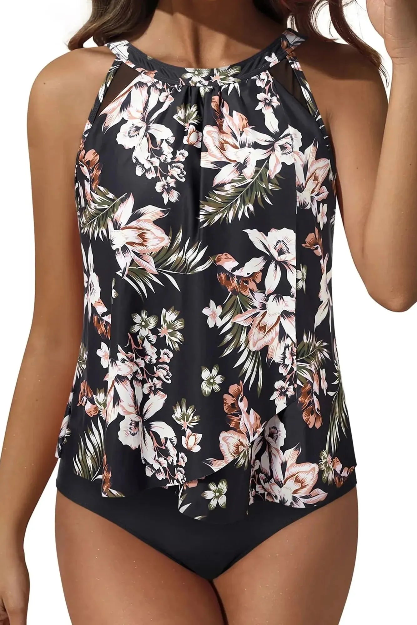 SUUKSESS Women Tummy Control Tankini Bathing Suit Ruffle High Waisted Swimsuit-Swimwear-SUUKSESS-Black Floral-S-SUUKSESS